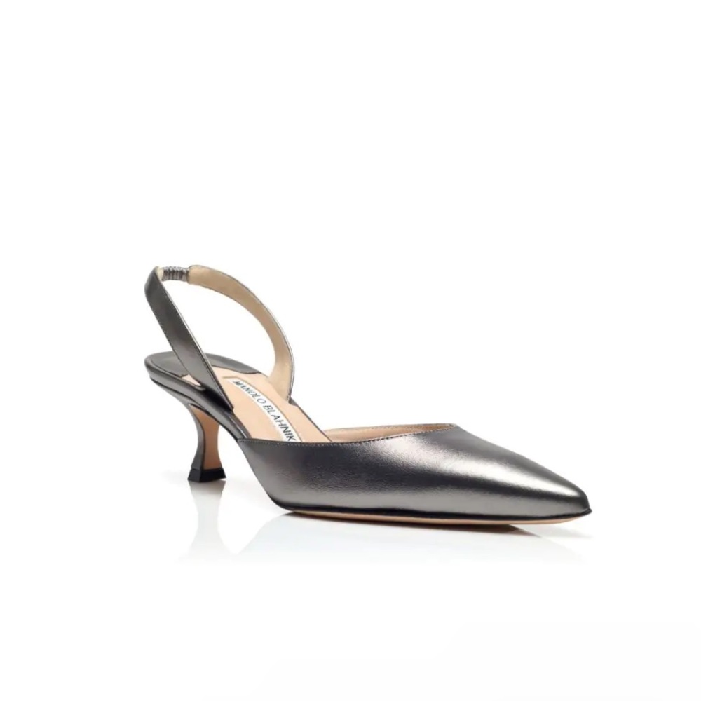 Manolo Blahnik Carolyne 70mm Silver Leather Slingback Pumps Heels